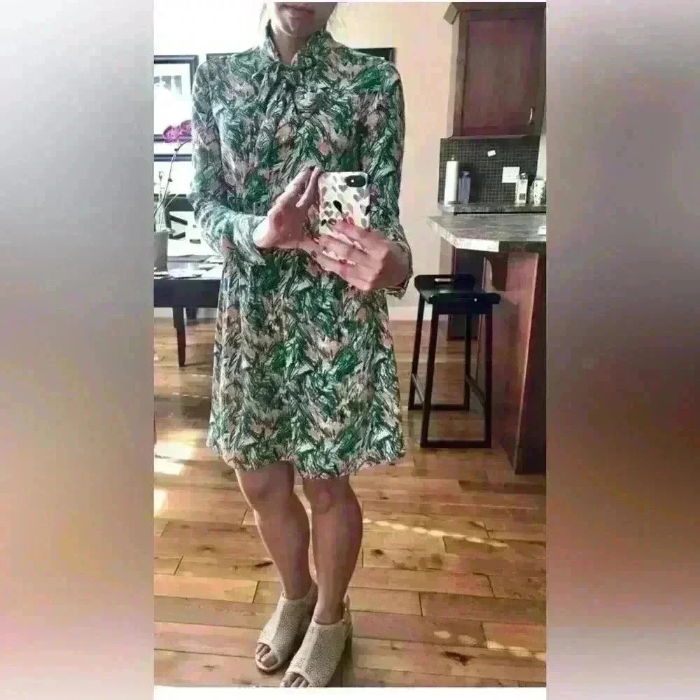 Aritzia Sunday Best Veronica Dress Green Yellow  Long Sleeve Neck Tie Size M - Picture 13 of 14